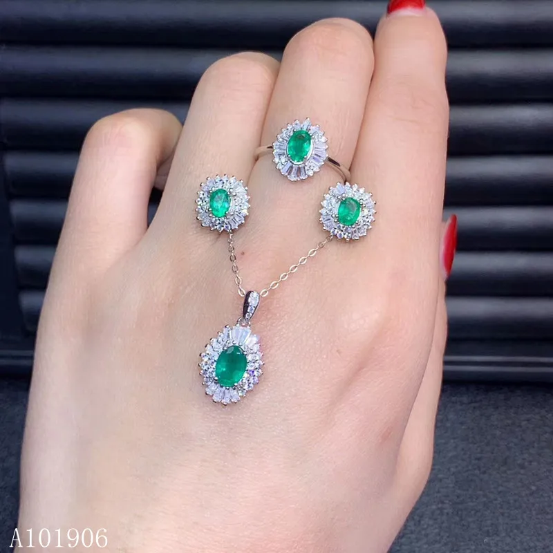 

KJJEAXCMY Fine Jewelry 925 sterling silver inlaid natural emerald female ring necklace pendant earrings set support review new l