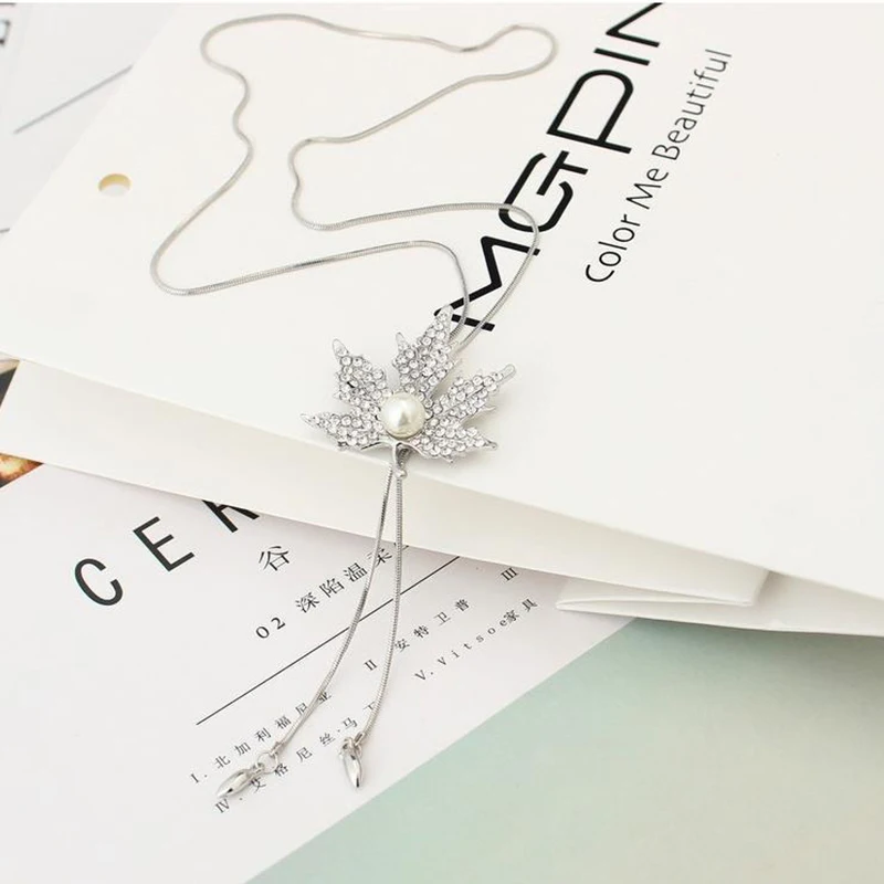 Модный свитер цепь Кристалл кленовые листья кулон ожерелье имитация жемчуга