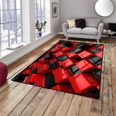 

Else Red Black Abstract Modern Cubes Boxes 3d Print Non Slip Microfiber Living Room Decorative Modern Washable Area Rug Mat