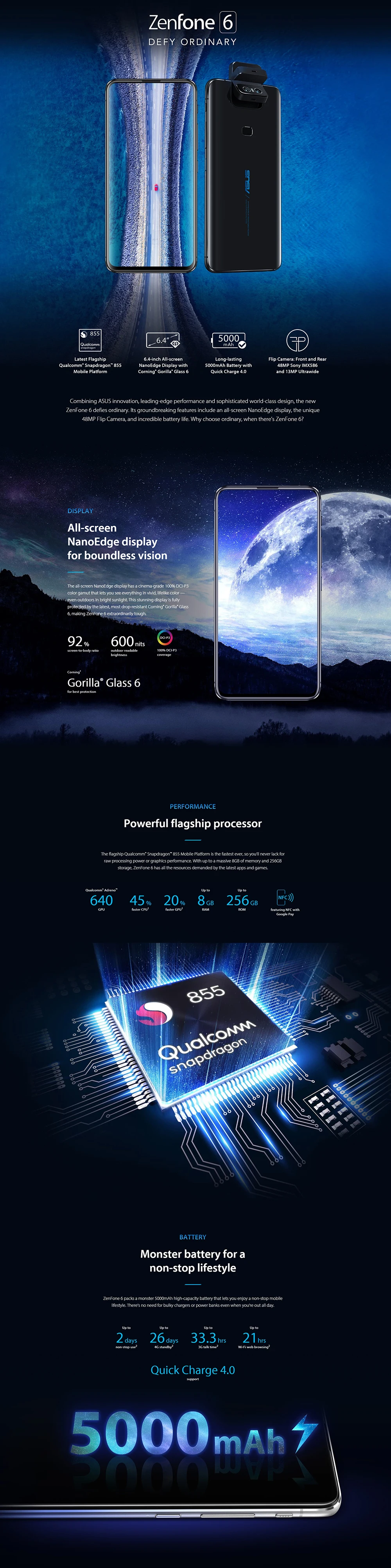 Мобильный телефон ASUS ZenFone 6 с глобальной версией, 6,4 дюймов, FHD+ Snapdragon 855, 6 ГБ ОЗУ, Face ID, 5000 мАч, смартфон на базе Android 9,1, NFC, 4G, LTE