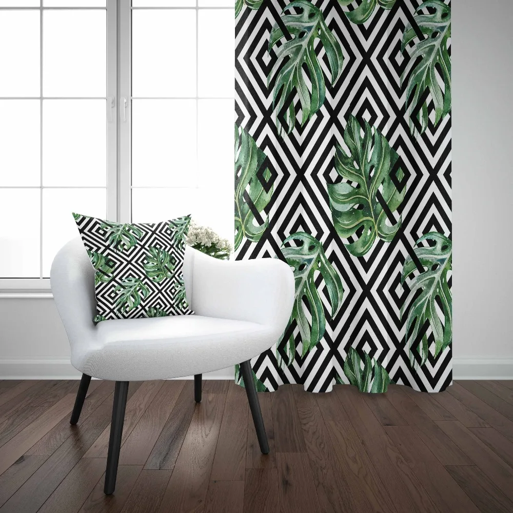 

Else Black White ikat Green Leaves Nordec Design 3d Print Living Room Bedroom Window Panel Curtain Combine Gift Pillow Case