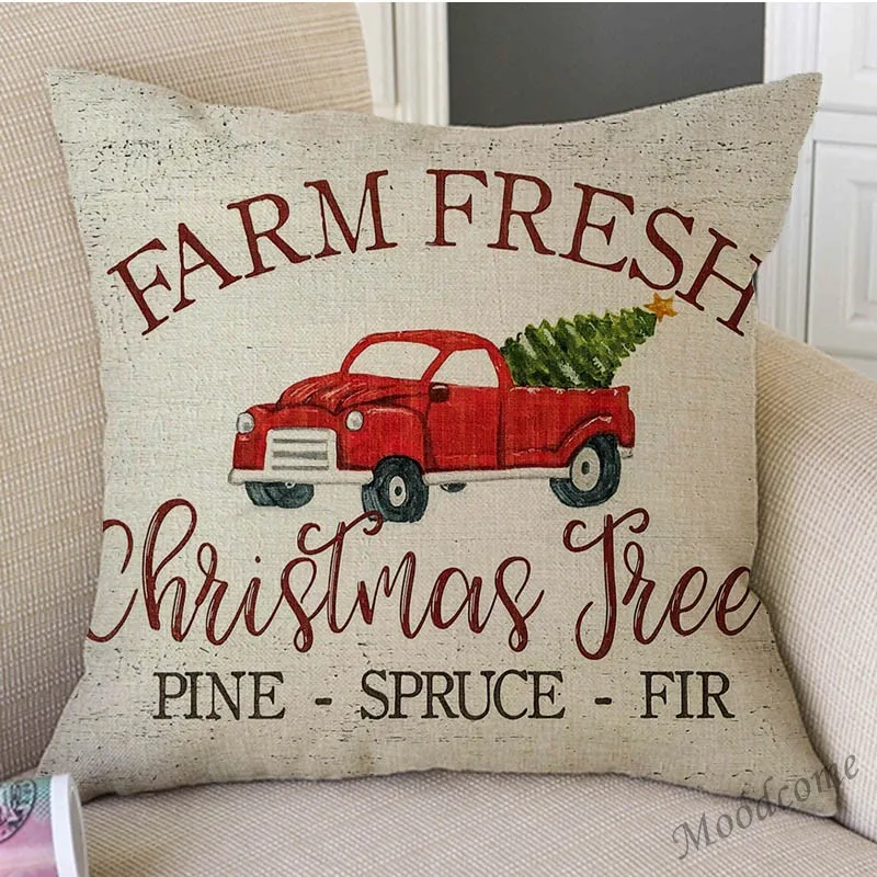 Merry Christmas Decoration Farm Fresh Tree Truck Nordic Sofa Throw Pillow Case Cotton Linen Xmas Art Car Cushion Cover | Дом и сад