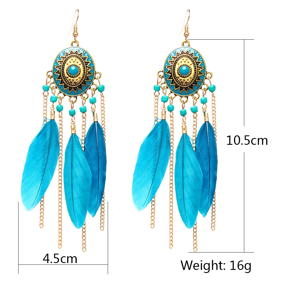 Lureme Vintage Disk with Beads Long Chain Feather Tassel Dangle Earrings for Women Ethnic Jewelry Earing (er005479) | Украшения и