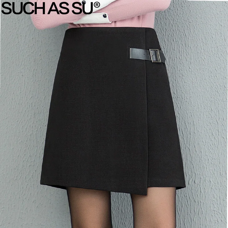 Black Skirt Осень-зима, шерстяные юбки для женщин,, черные, коричневые, с поясом, прошитая, Мини, трапециевидная, асимметричная юбка, S-3XL, для девушек, нестандартная юбка - Цвет: Black Skirt