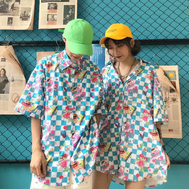 Cartoon Letter Plaid Shirt Short Sleeve Turn Down Collar Women Men Long Blouses Shirts Spring Summer Casual Loose Unisex |