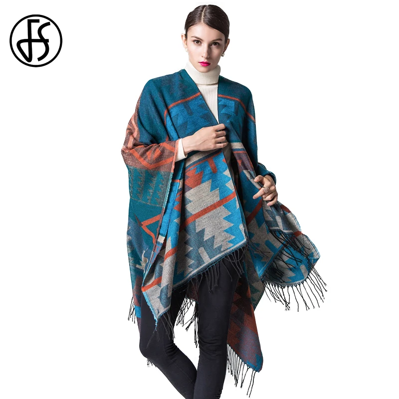 Женский кашемировый шерстяной шарф FS зимний теплый толстый с геометрическим