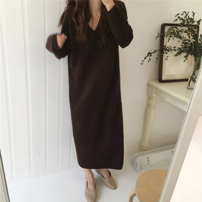 2019 Autumn Korean Women Casual Knitted Dress Solid Ankle-Length Full Sleeve V-Neck Party Vestidos Cute Clothing | Женская одежда