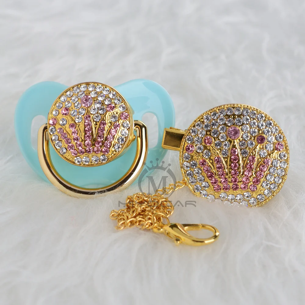MIYOCAR bling уникальный дизайн Золотая розовая Корона соска и зажим набор BPA бесплатно sgs пройти безопасный для ребенка держатель APCG