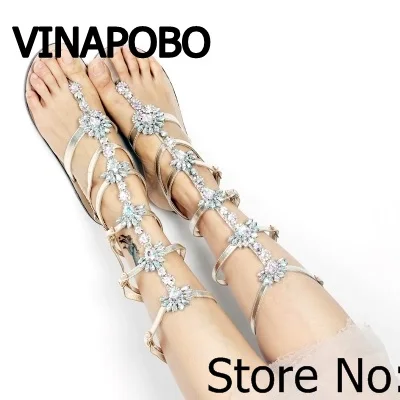 Vinapobo/летние прозрачные сандалии-гладиаторы на плоской подошве; стразы; женские сапоги до колена с ремешком и пряжкой; пляжная обувь в богемном стиле со стразами
