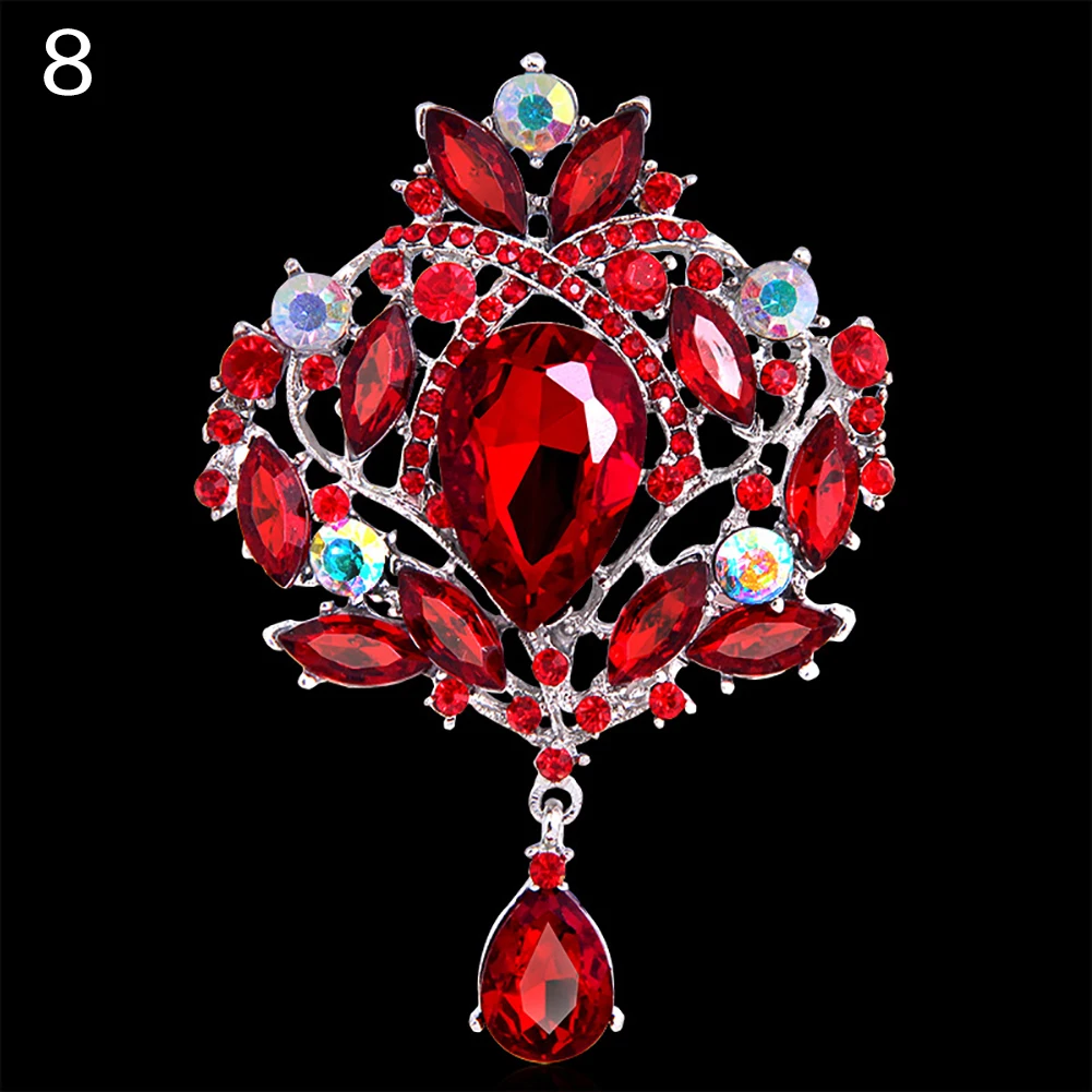 Red silver Plated Роскошная роскошная женская брошь в форме цветка, каплевидные Стразы - Окраска металла: Red silver Plated