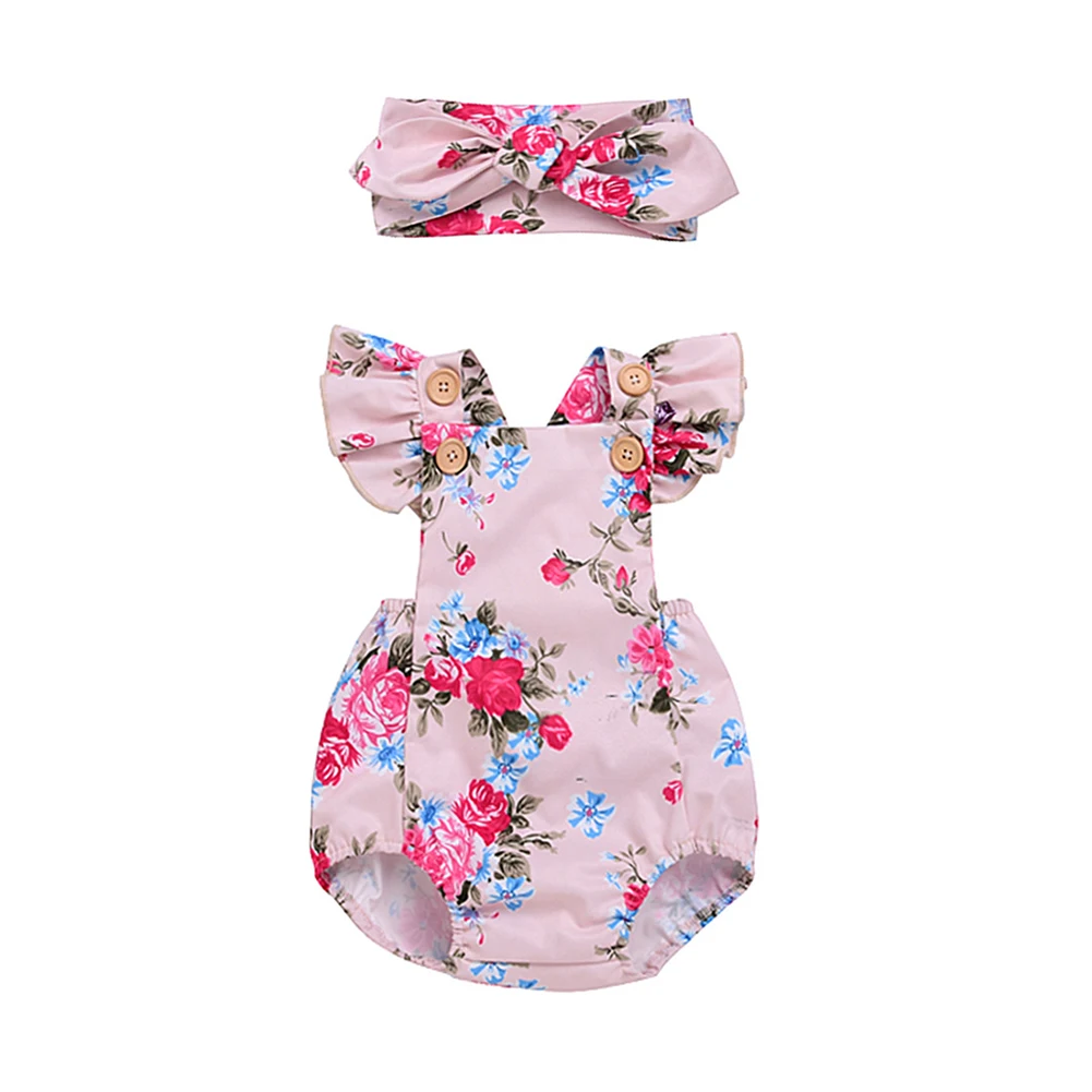 Newborn Infant Baby Girls Peony Flower Short Sleeve Romper + Headband Outfit Set | Детская одежда и обувь