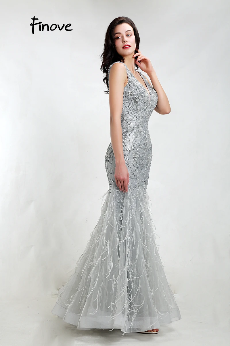 Finove Mermaid Evening Dresses Sexy V Neck With Beading Feathers Sparkle Materials Formal Long Dress Gowns Robe de soiree