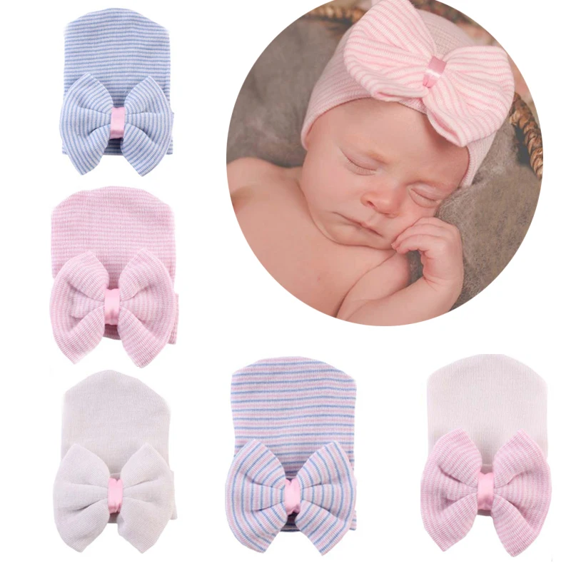 

Newborn Baby Hat High Quality Infant Bebe Warm Winter Knitted Cap With Big Bow Toddler Autumn Striped Soft Hospital Hats Beanies