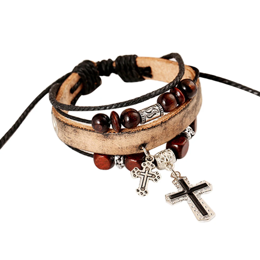 Vintage The Cross Pendant Multilayer Beads Faux Leather Braid Bracelet Bangle | Украшения и аксессуары