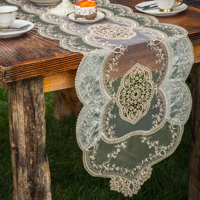 

Embroidered Lace Table Runner TV Bench Stand End Table Cover Decoration 40cm x 90 150 180 220 250cm White Champagne Green