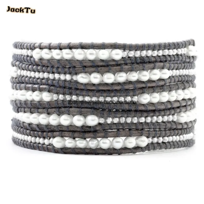 

3mm laser beads mix natural fresh water pearl leather bracelet for woman