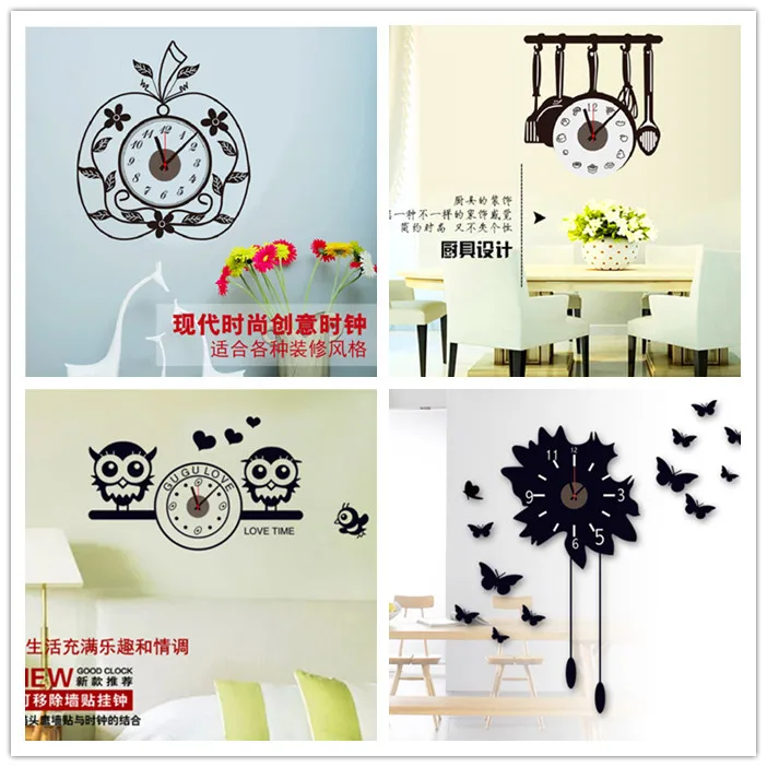 3d часы с иглами кухонная настенная наклейка мультяшная сова яблоко дизайн