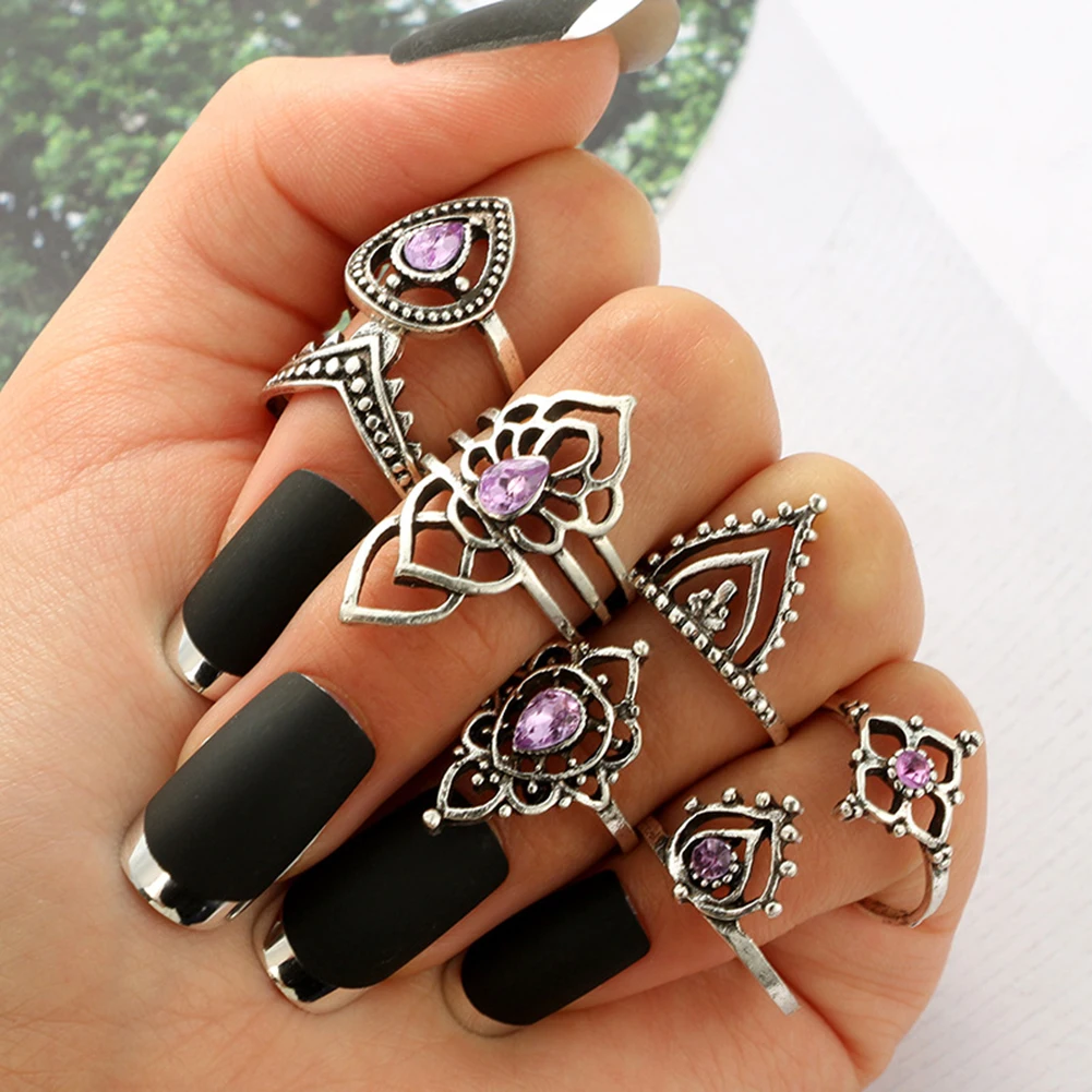 7 шт./компл. ретро Boho полые цветок фиолетовыми стразами костяшки Кольца Для женщин