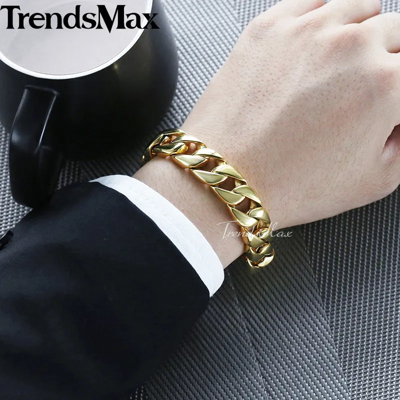 Мужской браслет из нержавеющей стали золотой в стиле хип хоп 15 мм KHB123|bracelets