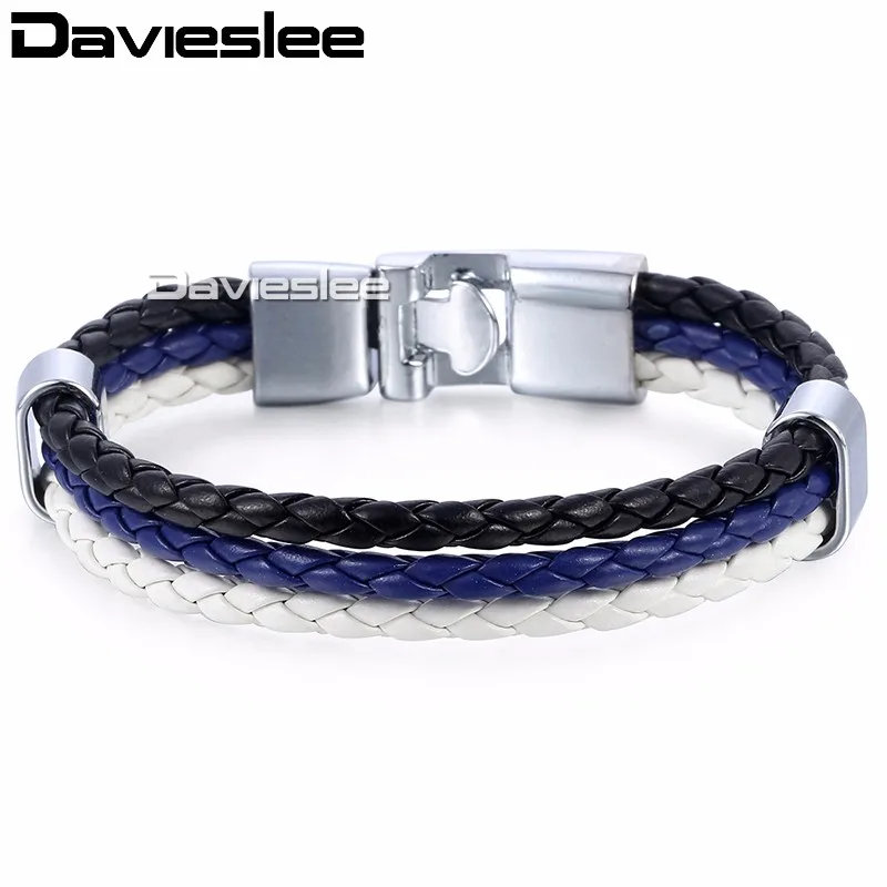 Мужской кожаный браслет с цепочкой Davieslee черный темно синий белый LLB694|leather