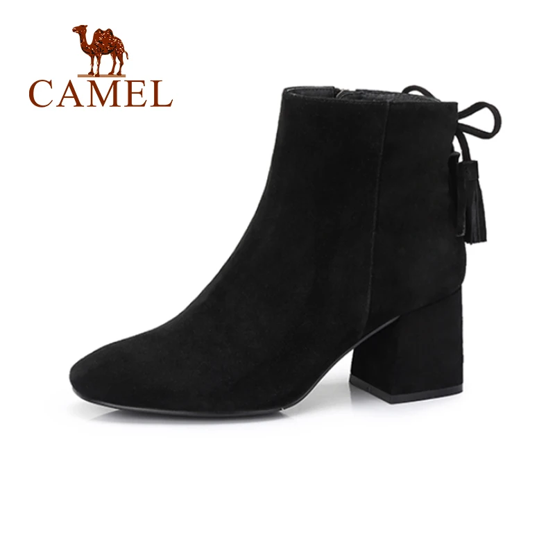 Верблюд Короткие ботинки на высоком каблуке обувь Для женщин 2018 черный Цвет