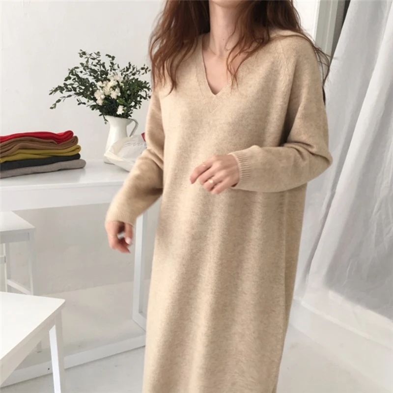2019 Autumn Korean Women Casual Knitted Dress Solid Ankle-Length Full Sleeve V-Neck Party Vestidos Cute Clothing | Женская одежда