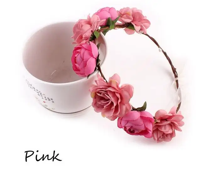 Pink Западный Большой Пион, цветок розы, венок, свадебный головной убор, детская Цветочная повязка на голову, венок для волос, гирлянда, 1 шт - Цвет: Pink