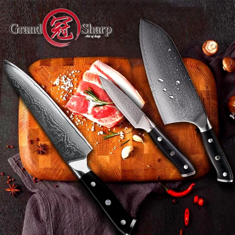 Grandsharp Дамасские кухонные ножи vg10 японский дамасский стальной нож набор шеф-повара Кливер для очистки овощей инструменты шеф-повара профессиональные ножи