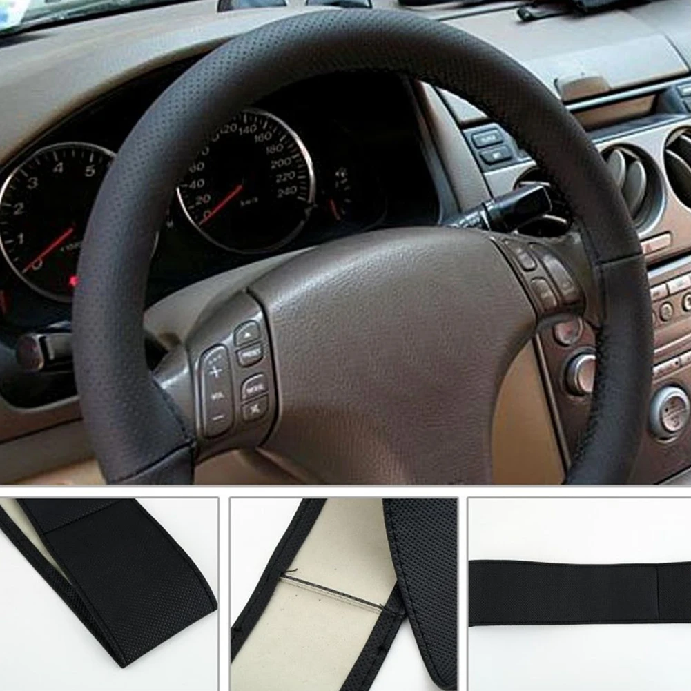 

DIY Faux Leather Car Auto Steering Wheel Cover Decor With Needles Thread Black