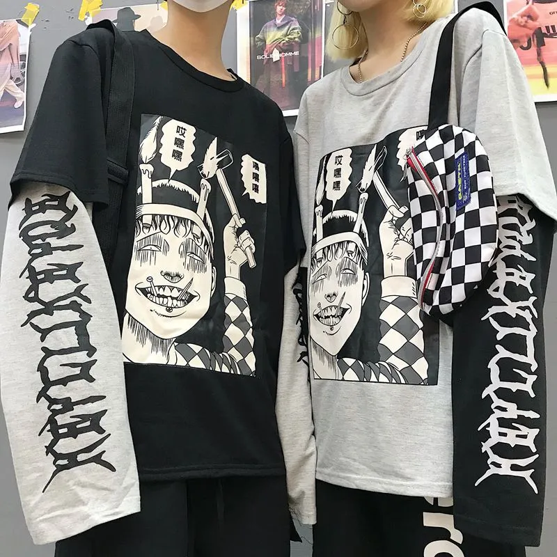 Junji Ito поддельные 2 шт футболка с круглым вырезом длинным рукавом Женская Футболка