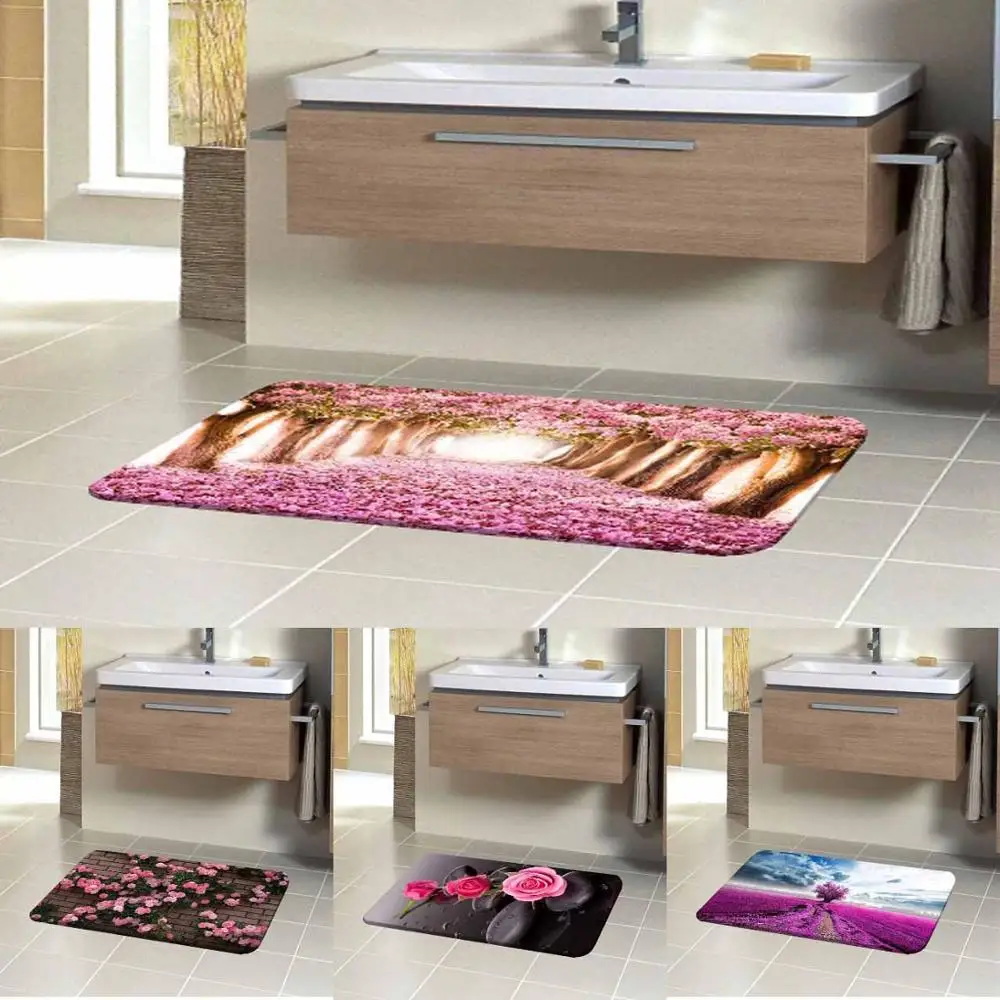 

Else Pink Trees Leaf Pink Roses Spa Stones 3d Digital Print Thin Non Slip Microfiber Bath Mat Rug for Bathroom 50x80cm