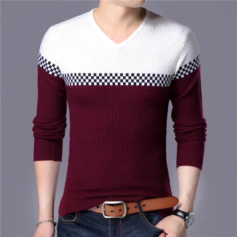 2018 Autumn Winter Brand Sweater Warm Wool Sweaters Casual Hit Color Patchwork V-neck Pullover Men Slim Fit Cotton | Мужская одежда