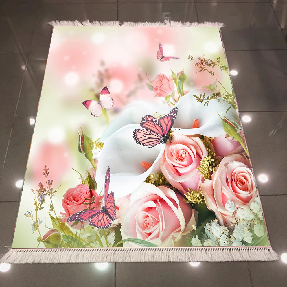 

Else Pink Roses Flower Butterfly Green Leaf 3d Pattern Microfiber Print Anti Slip Back Washable Decorative Kilim Area Rug Carpet