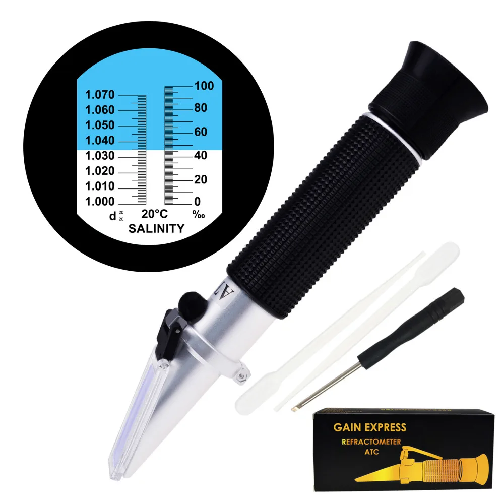 

Dual Scale Salinity Refractometer ATC 0-100ppt (0-10%) & 1.000-1.070 Specific Gravity for Seawater Salt Sea Water Aquarium