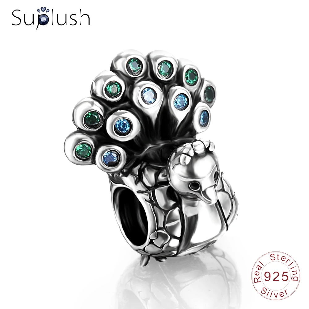 Suplush античное серебро 925 пробы CZ подвески в виде павлинов бусины для