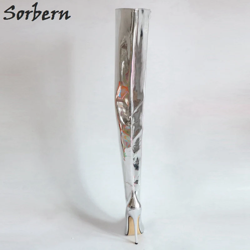 Sorbern/Женские Сапоги выше колена; цвет металлик, Серебристый; женские сапоги на высоком каблуке для ужина; Сапоги на каблуке; женские сапоги с острым носком