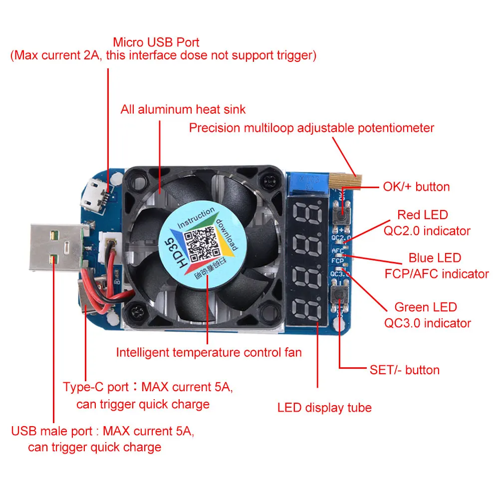 Фото HD35 USB Intelligent Electronic Load Tester Protection Adjustable constant current aging resistor battery voltage capacity Мобильные HD35 USB Intelligent Electronic Load Tester Protection Adjustable constant current aging resistor battery voltage capacity Мобильные