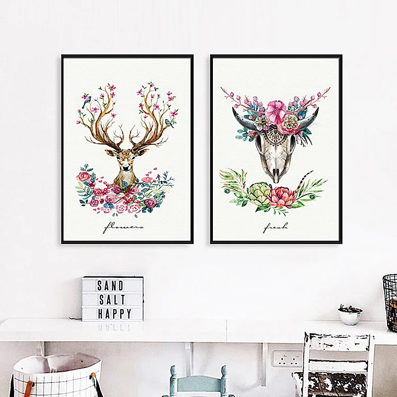 SD LINLEEHON Nordic Elk Watercolor Bird Flower and Deer Dialogue Illustration Canvas Print Painting Posters Art Wall Pictures | Дом и сад