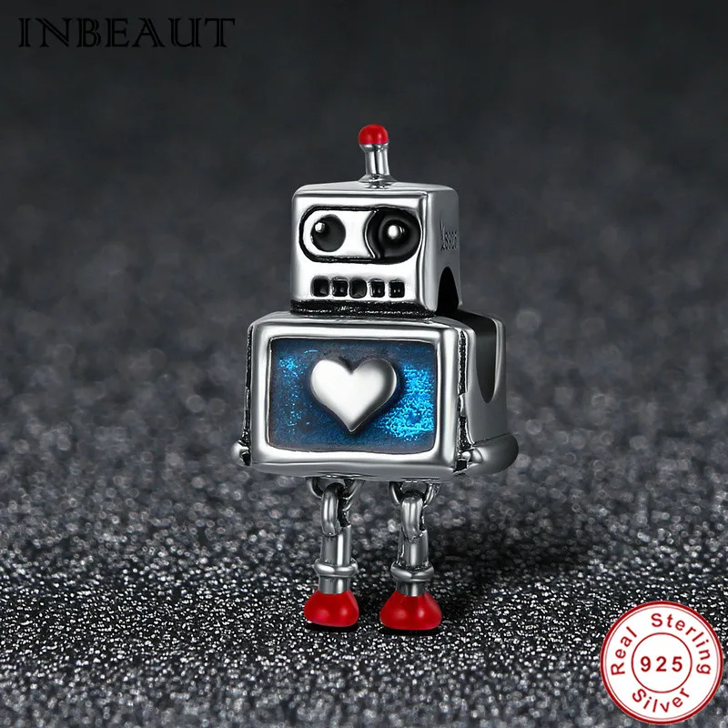 New DIY 925 Sterling Silver Heart Carved High Technology Cute Small Robot Charm Beads fit Trendy Bracelet for Women Anniversary | Украшения