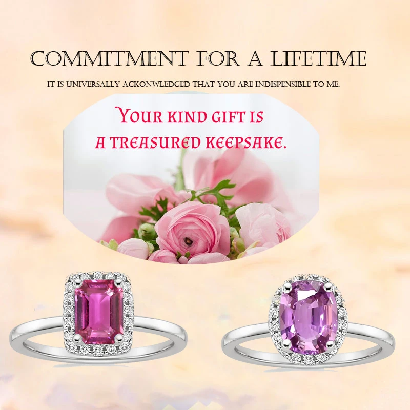 

ANI 18K White Gold (AU750) Women Wedding Ring Certified Natural Pink Sapphire Oval/Rectangle Shape Engagement Diamond Halo Ring