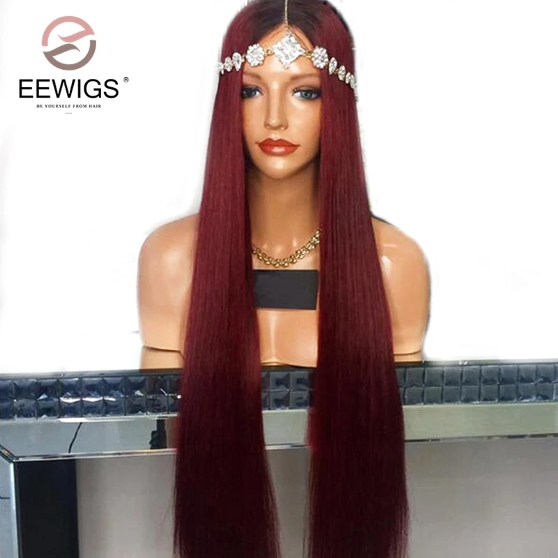EEWIGS 180% Плотность бордовый парик термостойкие Glueless прямые синтетические волосы