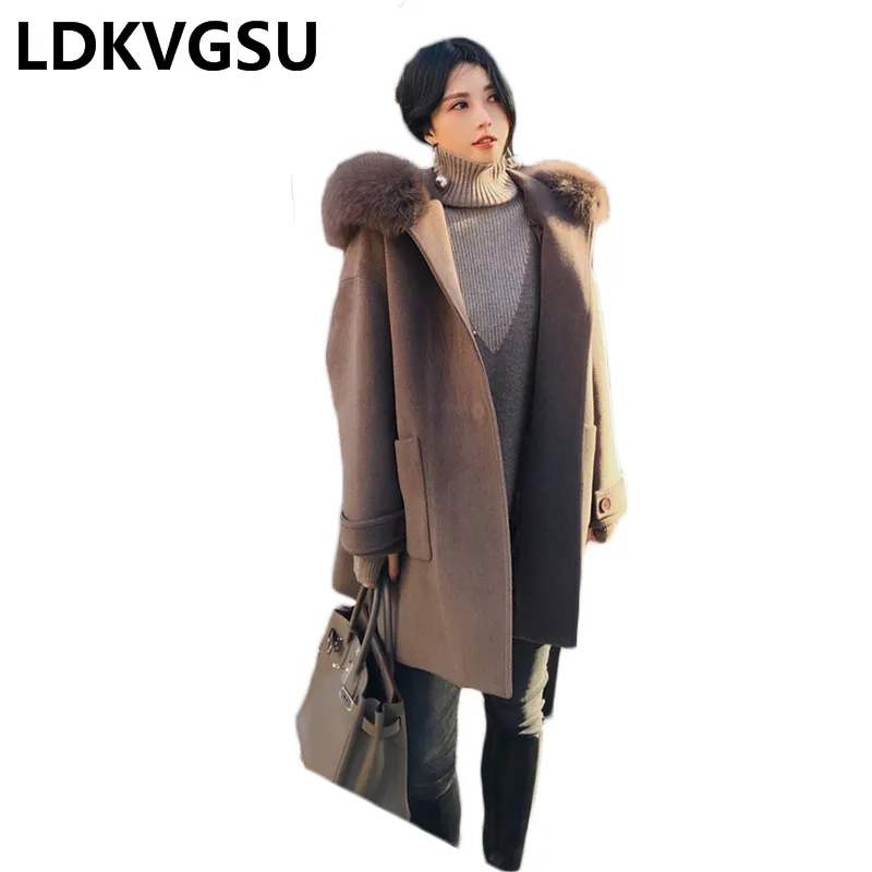 

Fur Collar Detachable Hooded Wool Jacket Women 2018 New Autumn Winter Camel Grey Thickening Belt Woolen Coat Plus Size Is313