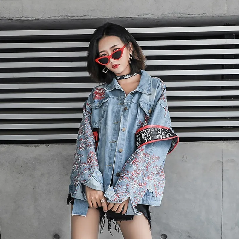 Graffiti Print Denim Jacket Women Autumn Double Zipper Armband Jeans Bomber Unisex Loose Outwear Кэжуал Feminina NZY25 | Женская