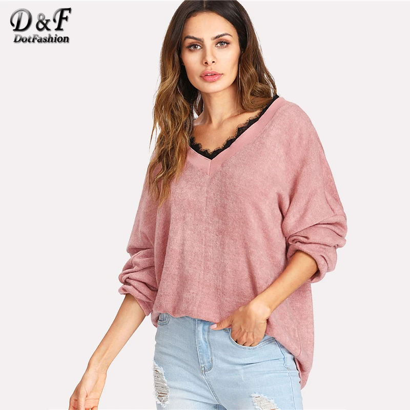 Dotfashion розовый кружевной джемпер с заниженным плечом, Женский Повседневный весенне-осенний свитер с v-образным вырезом и длинным рукавом, Женский пуловер, свитер