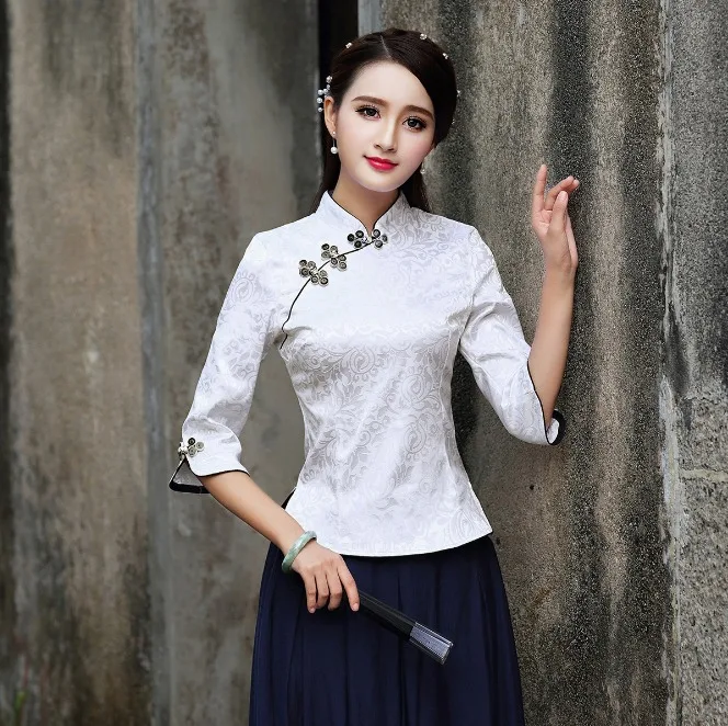Женская китайская рубашка HanFu Wu Tang белый хлопковый топ с принтом с коротким рукавом - Цвет: white