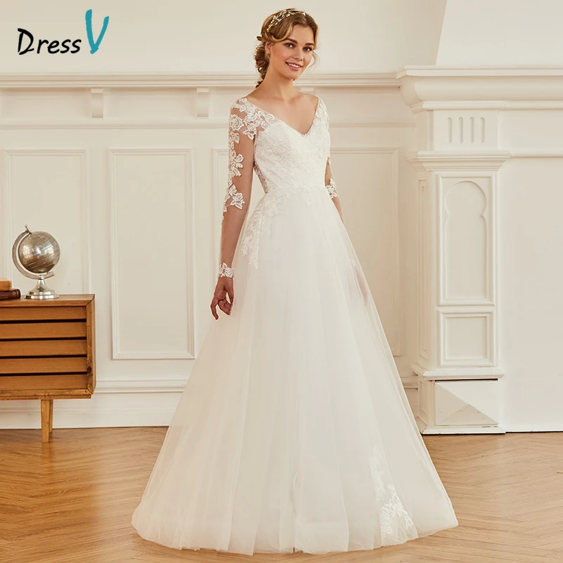 

Dressv ivory a line appliques wedding dress long sleeves backless floor length bridal outdoor&church wedding dresses