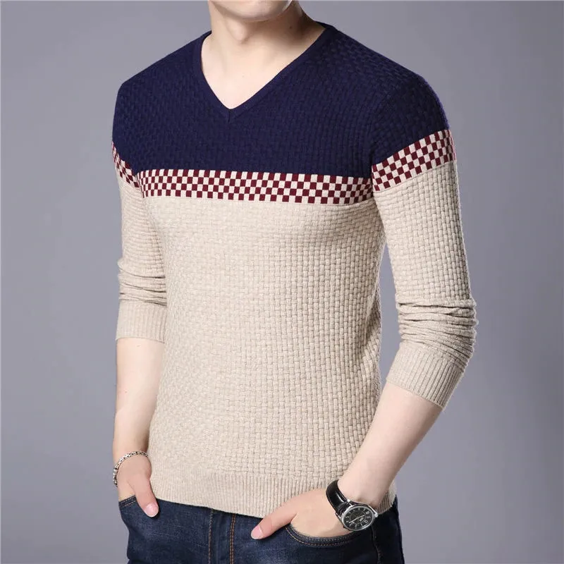 2018 Autumn Winter Brand Sweater Warm Wool Sweaters Casual Hit Color Patchwork V-neck Pullover Men Slim Fit Cotton | Мужская одежда