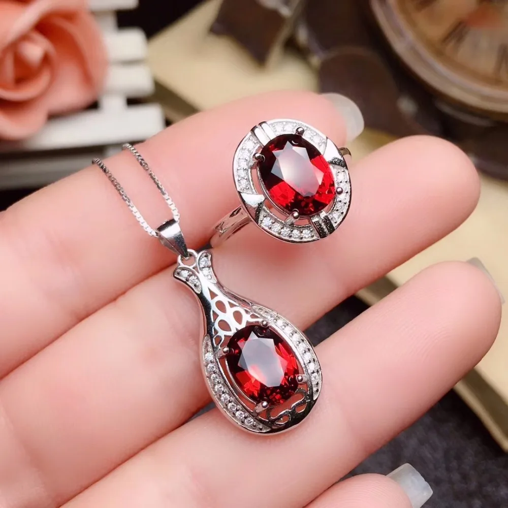 KJJEAXCMY boutique jewels 925 Silver-inlaid Natural Gem Aluminum Magnesium Garnet Ring Necklace Hanging Set Support Identificati | Украшения