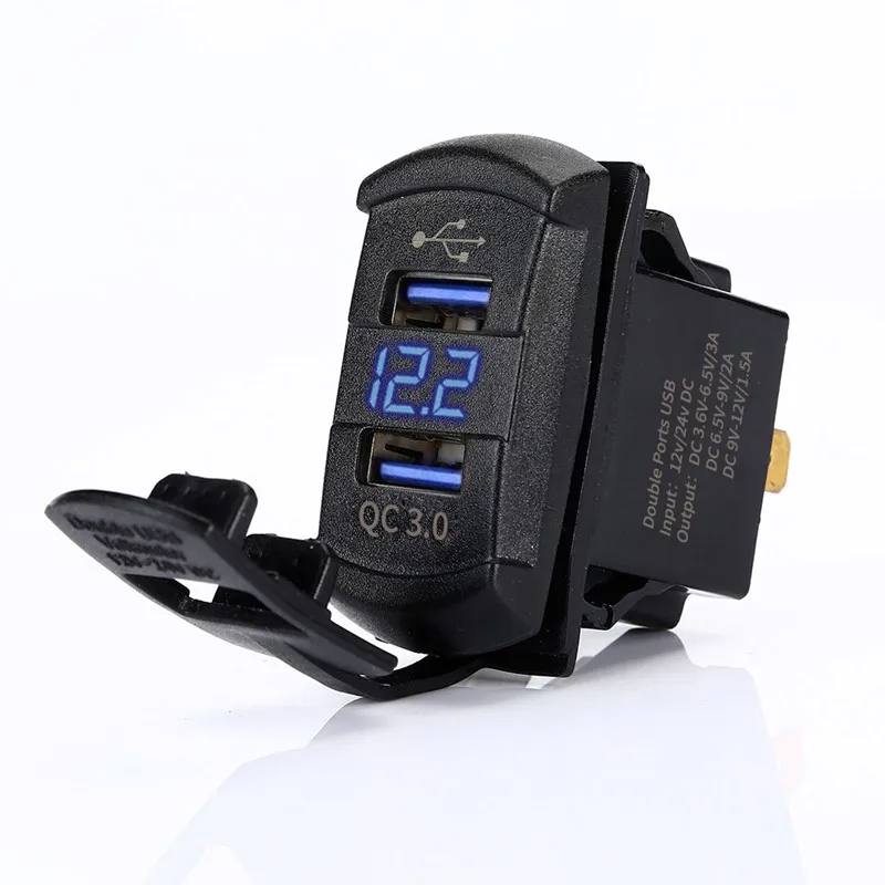 Автомобильное зарядное устройство Chenes синее USB двойной QC3.0 с вольтметром