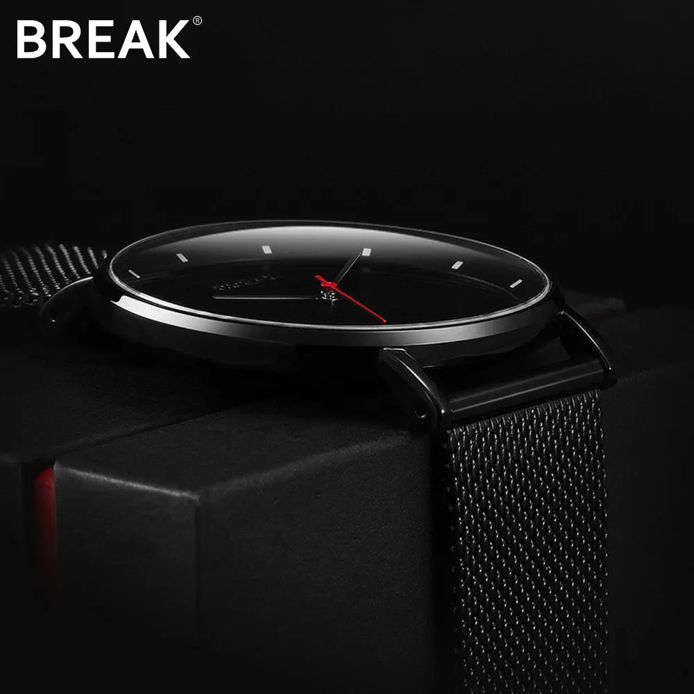 Мужские модные повседневные ультратонкие японские кварцевые черные часы BREAK с